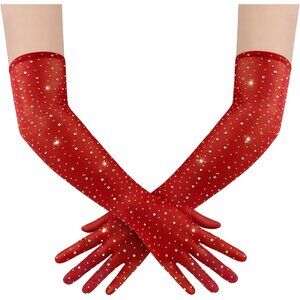 Women's Rhinestone Red Sparkly Elbow Length Mesh Long Gloves Party Accessory